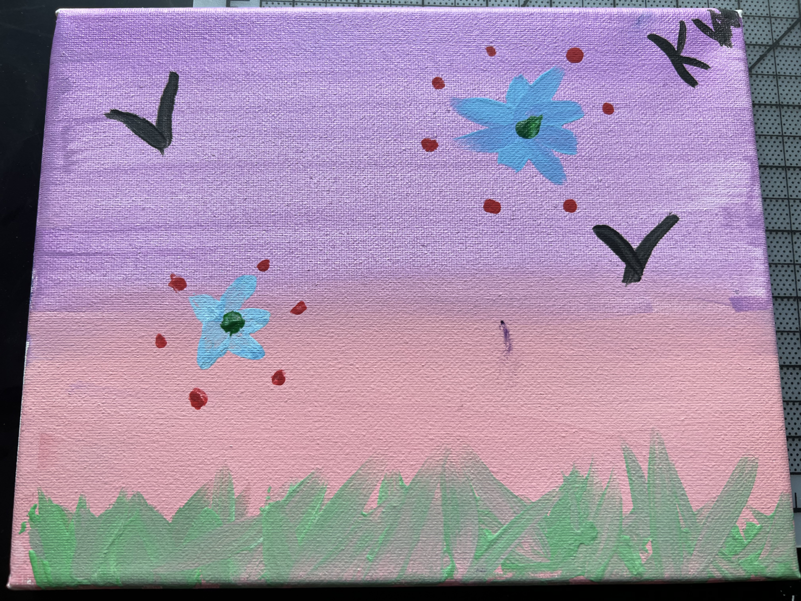 Child's Painting of Blue Flowers and Birds